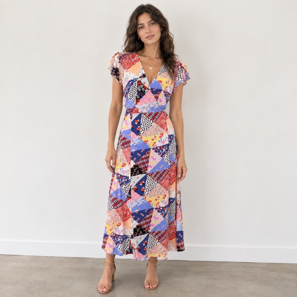 Gap Patchwork Floral Wrap Midi Dress Size XS Boho Mod Retro 70s Cottage Prairie